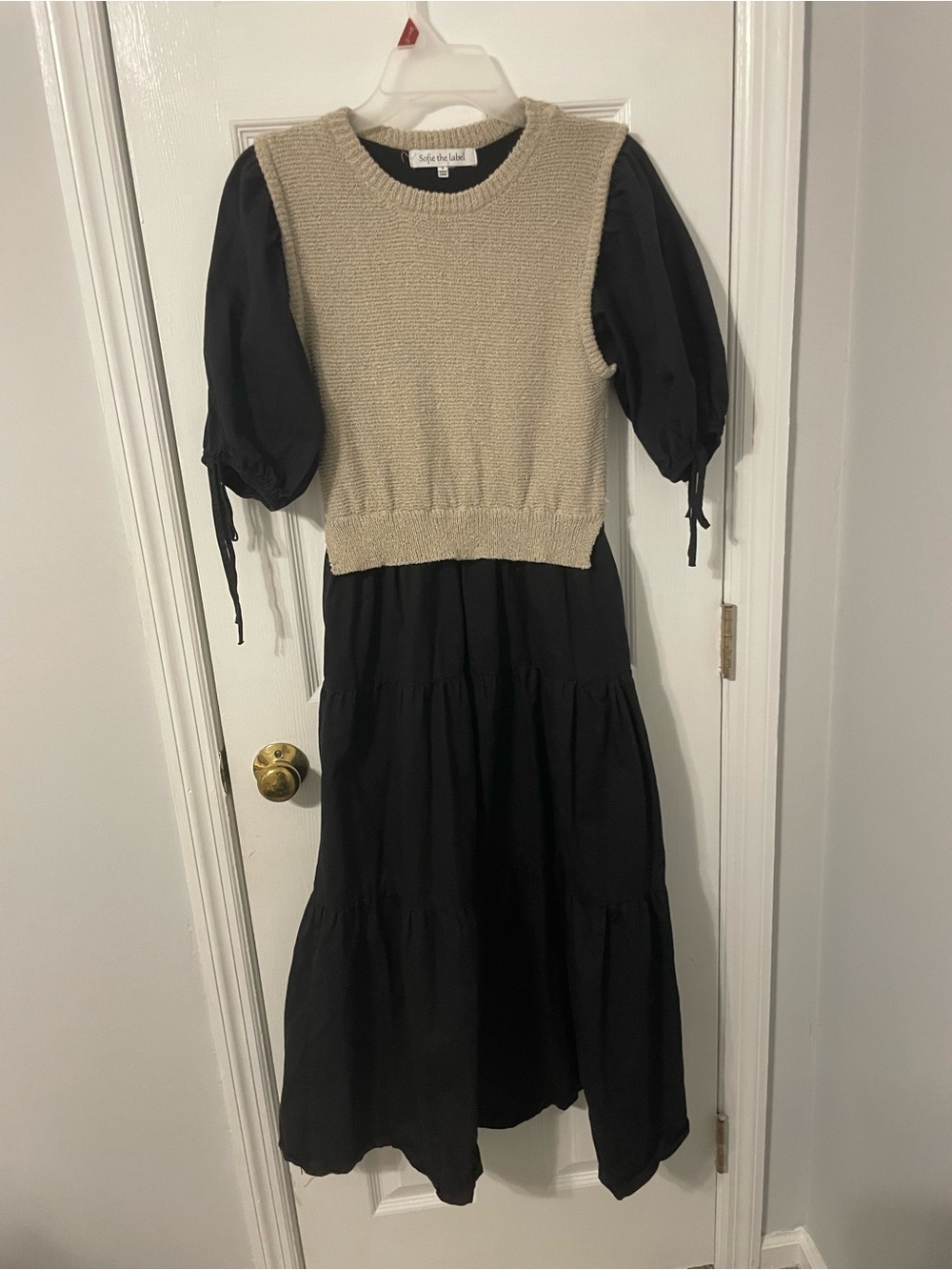 Sofie The Label Amanda Tiered Cream Knit Vest Black Puff-Sleeve Midi Dress